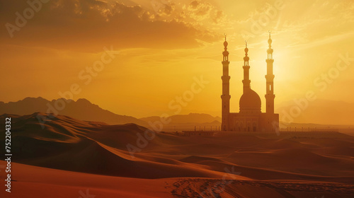 A tranquil desert landscape with sand dunes stretching to the horizon, featuring a solitary mosque silhouette against the vast expanse, evoking the spirit of solitude and reflection during Ramadan. 8K