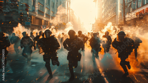 Riot police, police charges, smoke canisters, citizens running photo