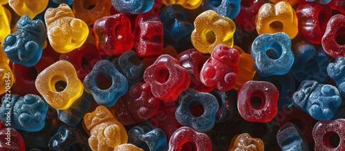 Colorful gummy bears in various flavors and colors arranged side by side in a group. photo