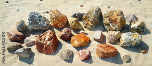 A cluster of rocks in assorted shapes and sizes resting on a sandy beach under the sky.