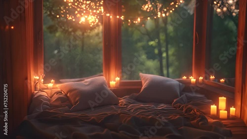 A bedroom with candles burning brightly in the window, casting a warm glow in the room. The flickering flames illuminate the space with a cozy ambience