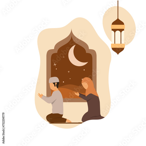 Illustration of muslim man and muslim woman praying at mosque in flat design. Ramadan kareem vector illustration