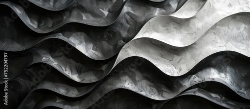 Detailed view of a black and white metal surface with wavy shapes creating a visually striking pattern.