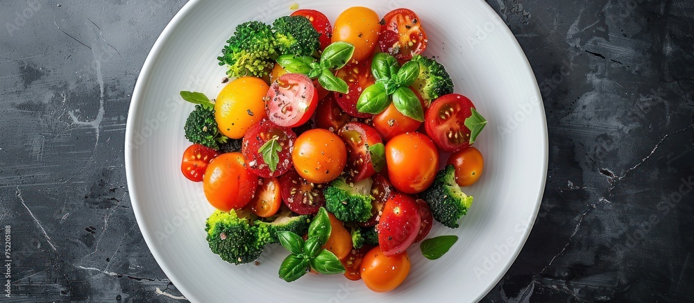 A white plate sits on a table, filled with vibrant red tomatoes and green broccoli. A white plate sits on a table, filled with vibrant red tomatoes and green broccoli.