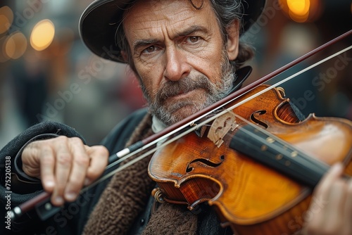 A close-up of a musician's hands as they play the violin on a winter day in an urban environment photo