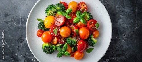 A white plate sits on a table, filled with vibrant red tomatoes and green broccoli.