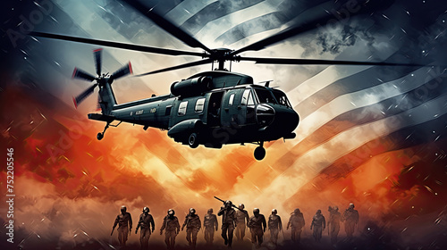 Helicopter Flying in the Sunset Sky with a Transparent American Flag for Independence Day, Veterans Day, Memorial Day, and Air Force Day Greeting Cards or Banners