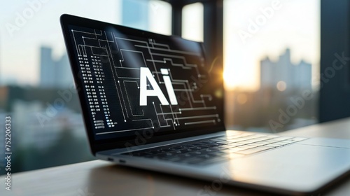 A laptop screen displays the word AI in white letters on a black background. Concept of technology and innovation, as AI is a rapidly advancing field with many potential applications