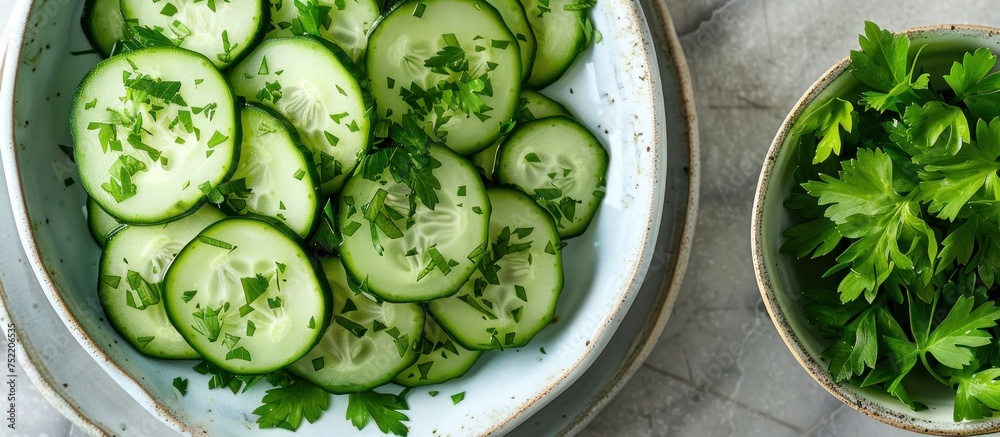 Two bowls, one filled with neatly sliced cucumbers and the other with parsley, displayed on a clean surface. Two bowls, one filled with neatly sliced cucumbers and the other with parsley, displayed on a clean surface.