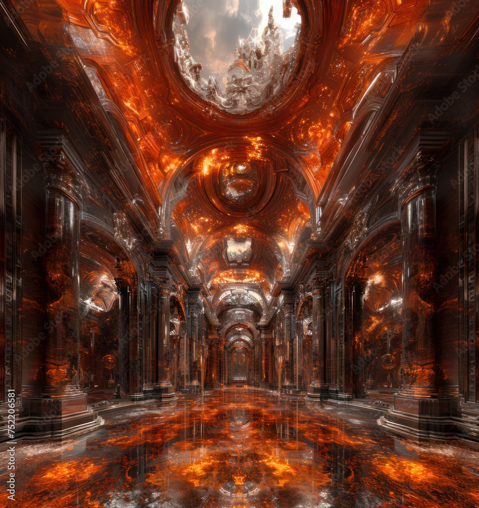 Trippy supernatural cathedral made of red amber