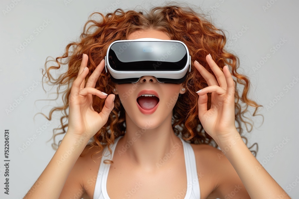 Young woman in virtual reality using a virtual reality glasses headset, standing on a light background. Modern technologies, virtual reality. Young woman in virtual reality using a virtual reality glasses headset, standing on a light background. Modern technologies, virtual reality.