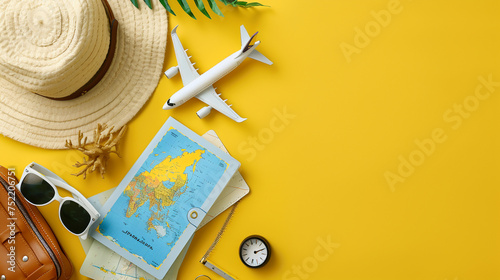 Flat lay travel background with plane, map and hat.  © Vika art