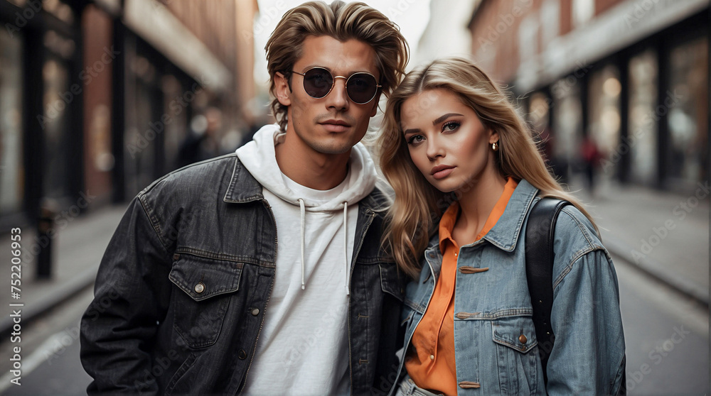 Stylish young woman and man in their 20s wearing jeans jackets on city street background. 90s fashion style. Street fashion, vintage outfits