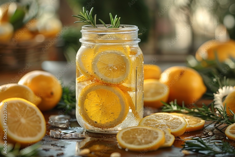 A mason jar filled with sparkling homemade lemonade, garnished with fresh lemon slices and rosemary, amidst whole and sliced lemons. Generative AI A mason jar filled with sparkling homemade lemonade, garnished with fresh lemon slices and rosemary, amidst whole and sliced lemons. Generative AI