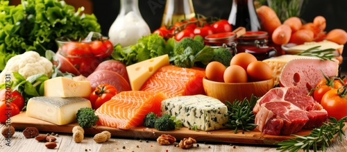 A variety of low carb foods such as salads, grilled chicken, and vegetables displayed on a table.