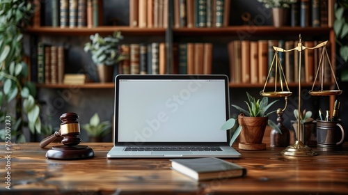 Mockup of a laptop with a white screen in the workplace of a judge or lawyer at the table. Law, legal services, consultations, justice.