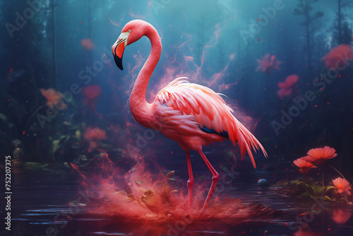 Portrait of a flamingo on a colorful background. Emotive portrait