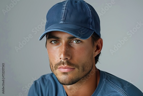 portrait of man wearing plain cap hat, mockup © Denisa