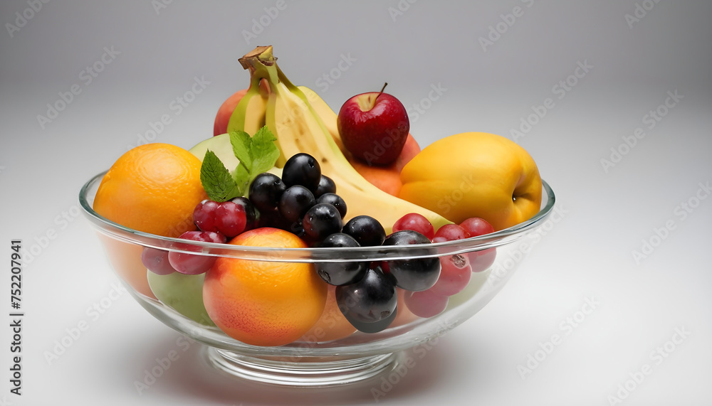 Food banner image, different fruits in a clear glass food bowl in white background Food banner image, different fruits in a clear glass food bowl in white background