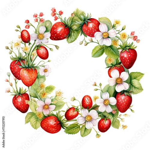 Watercolor wreath of ripe strawberries and delicate flowers on a white background