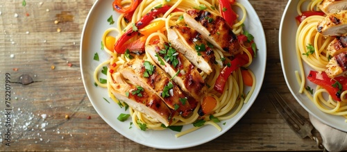 Two plates of pasta topped with grilled chicken and sautéed peppers sit on a wooden table.