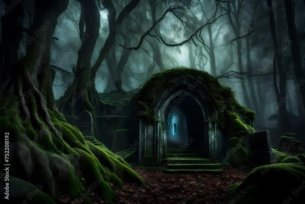 An eerie, ancient crypt hidden deep within a misty, moonlit forest, with a massive, moss-covered stone door partially ajar, revealing a ghostly glow from within. An eerie, ancient crypt hidden deep within a misty, moonlit forest, with a massive, moss-covered stone door partially ajar, revealing a ghostly glow from within.