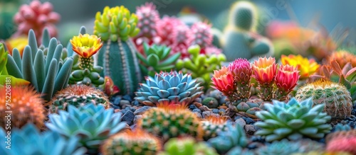 Various types of cactuses and succulents are shown up close, displaying a range of shapes, textures, and colors. © FryArt Studio