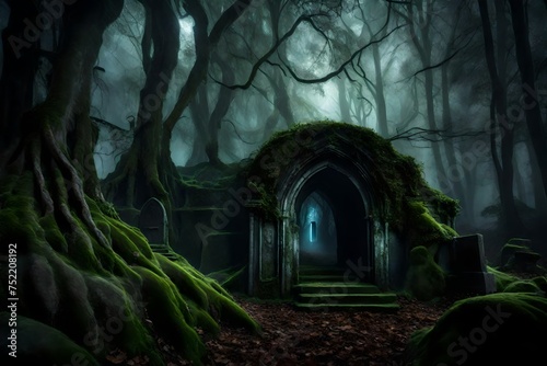An eerie, ancient crypt hidden deep within a misty, moonlit forest, with a massive, moss-covered stone door partially ajar, revealing a ghostly glow from within. © Resonant Visions