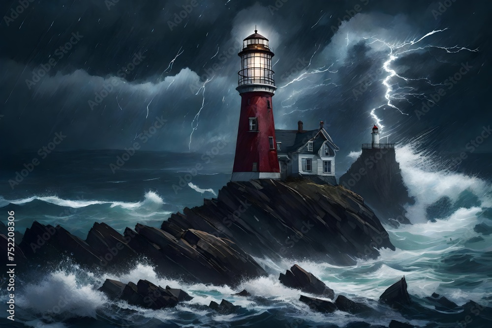 A haunted, abandoned lighthouse atop a jagged cliff, surrounded by crashing waves and an ominous, swirling storm in the night sky.