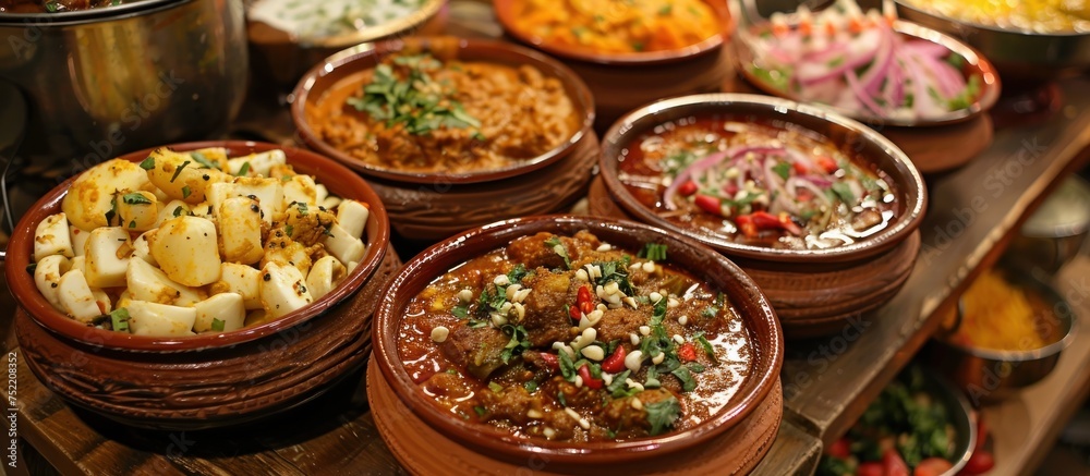 A table is topped with bowls containing a diverse range of food items, showcasing a variety of flavors and textures.