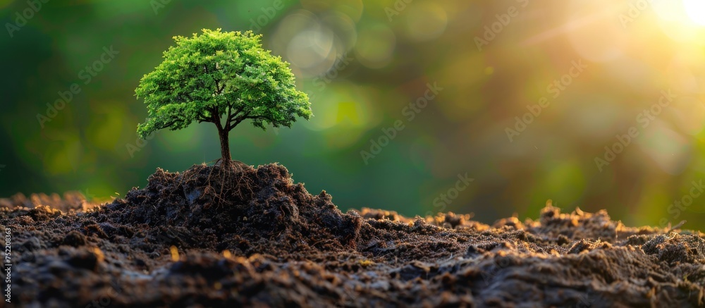 A small green tree sits atop a pile of dirt, showcasing growth and nature in a simple setting. - obrazy, fototapety, plakaty 