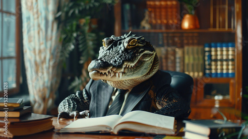 Scary, cold-blooded, dangerous corporate boss depicted as crocodile or alligator in his office photo