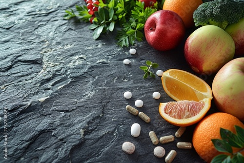 Fresh apples, oranges, broccoli, and herbs with dietary supplement pills on a slate background. Nutritional supplements and whole foods for a balanced diet concept. Design for healthcare
