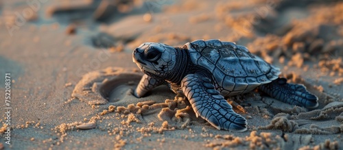 A baby Kemps Ridley sea turtle is emerging from the sand on a beach.