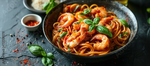 A bowl containing pasta noodles topped with succulent shrimp and fresh basil leaves.
