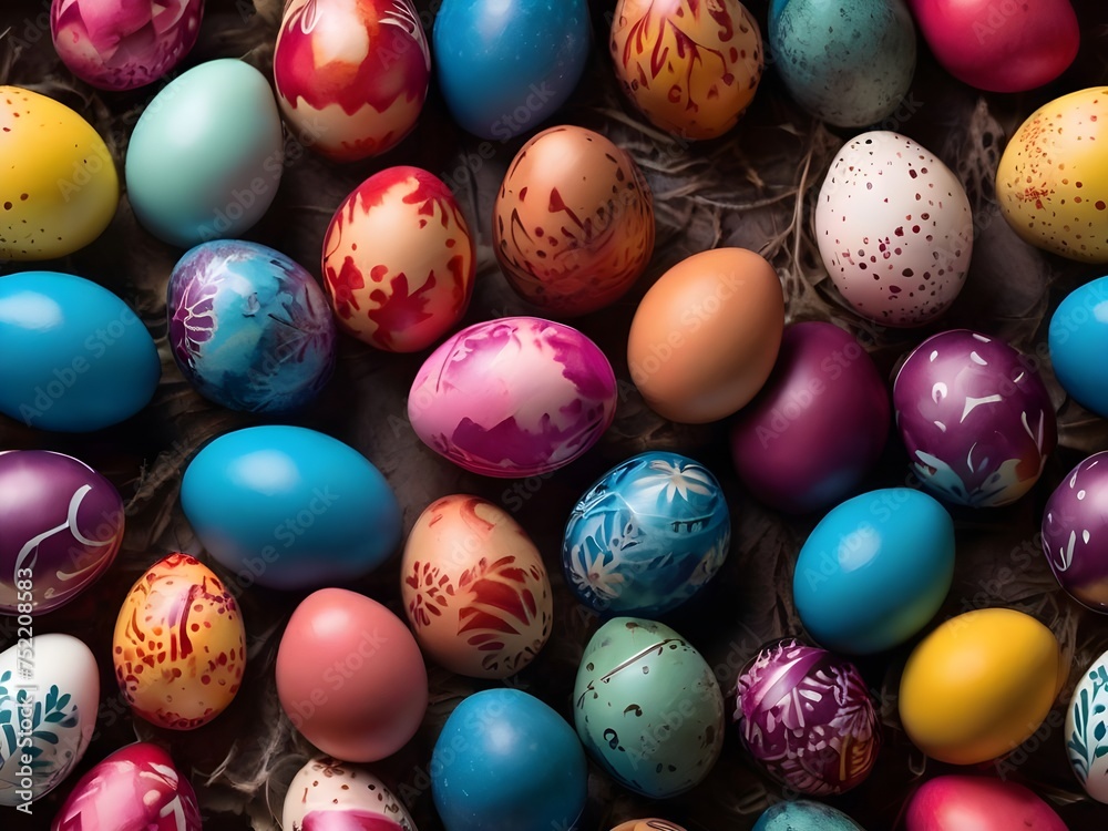 Colorful background of easter eggs collection, easter celebration top view