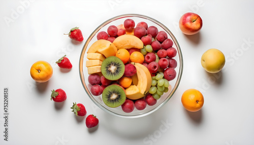 Top view of a fruit filled glass bowl in white background
