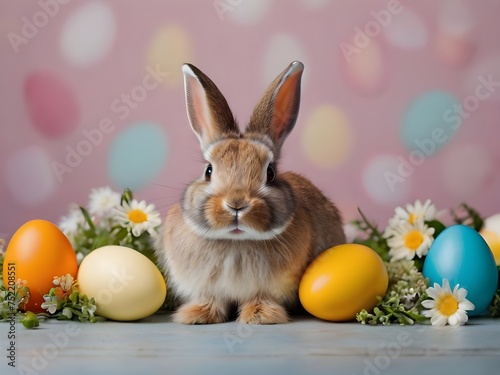 Cute rabbit with colorful Easter eggs and flowers - spring celebration. AI generated