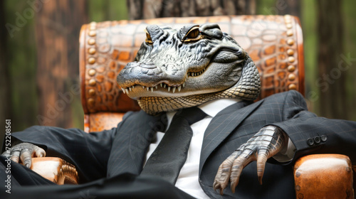 Scary, cold-blooded, heartless corporate boss depicted as crocodile or alligator in his office