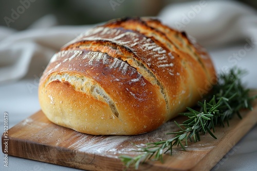 Freshly baked loaf of bread with a crisp crust and flour dusting, presented on a wooden cutting board with rosemary sprigs. Artisanal bakery and homemade bread concept. Design for bakery website