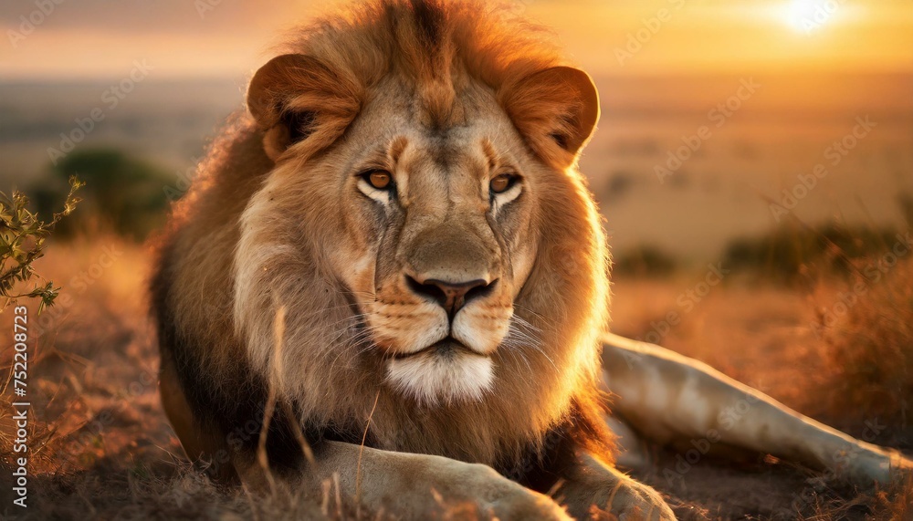 Lion lies background sunset