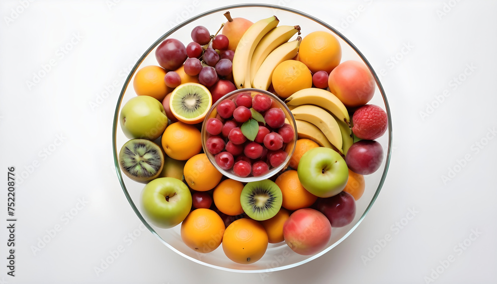 Top view of a fruit filled glass bowl in white background Top view of a fruit filled glass bowl in white background