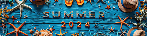 Summer blue wooden background with shells, starfish, sandals and straw hats. Summer 2024