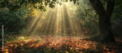 A dense forest with a multitude of trees and leaves, illuminated by the sun shining through the foliage. photo