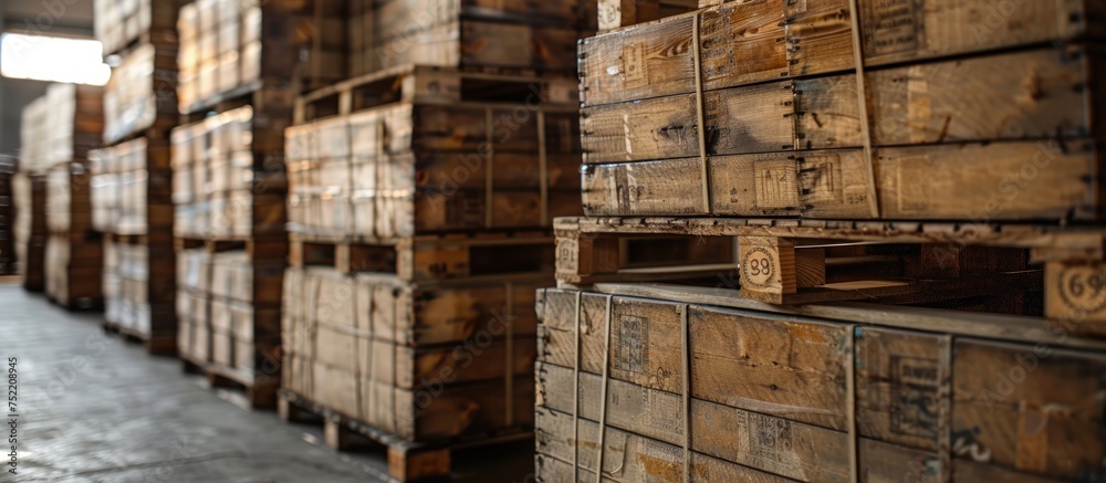 A room overflowing with numerous wooden boxes and parcels stacked tightly together, filling the space. A room overflowing with numerous wooden boxes and parcels stacked tightly together, filling the space.