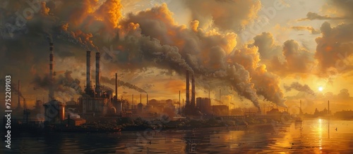 A painting depicting a factory with billowing smoke pouring out of it. The industrial scene portrays heavy pollution and human impact on the environment. photo