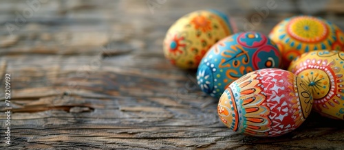 A group of vibrant Easter eggs with intricate designs sitting on top of a wooden table.
