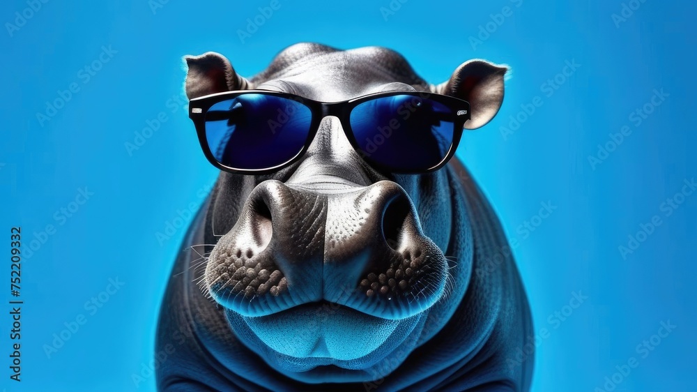Portrait of a hippopotamus with glasses on a blue background. The concept of vision, rest. Creative design. Space for text, free space, space for copying.