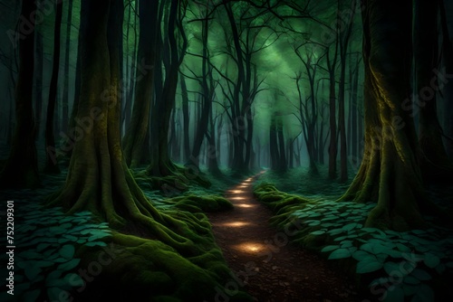 A spectral, glowing, and ominous forest path, winding through towering trees with twisted roots, illuminated by the faint light of fireflies.
