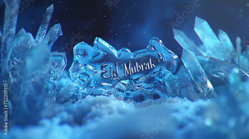 "Eid Mubarak" sculpted from crystalline ice, glimmering with refracted light against a backdrop of midnight hues. The typography evokes a sense of cool serenity. /8K
